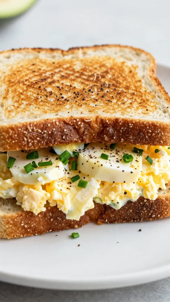toasted sourdough egg salad sandwich, chives and black pepper
