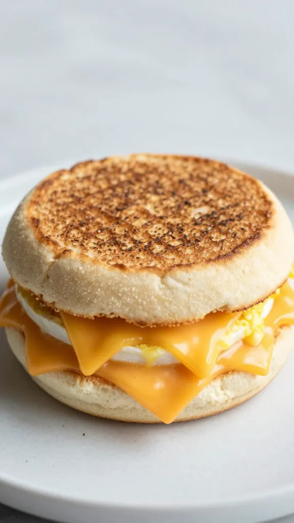 toasted english muffin breakfast sandwich with egg and melty cheddar