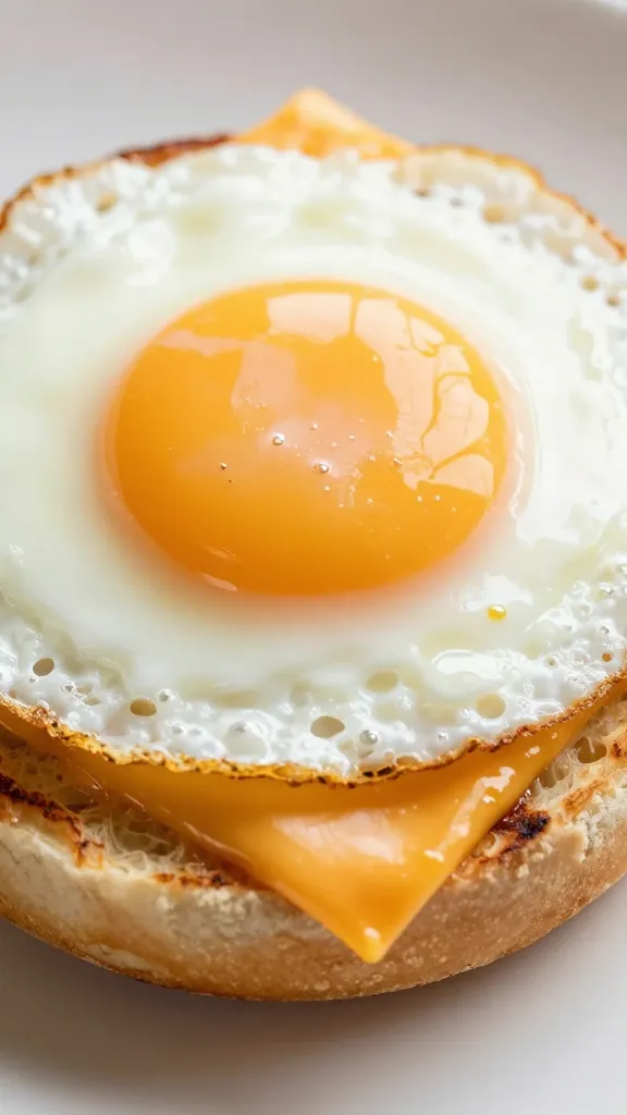 closeup fried egg and melted cheddar on buttered English muffin