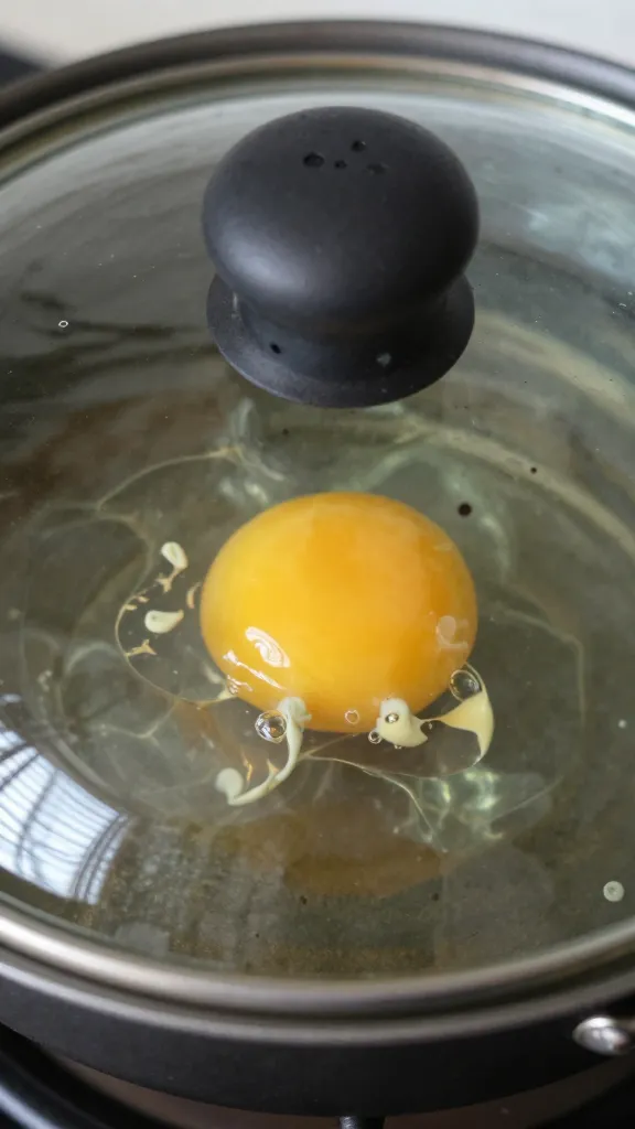 single runny yolk egg steaming under glass lid, skillet closeup