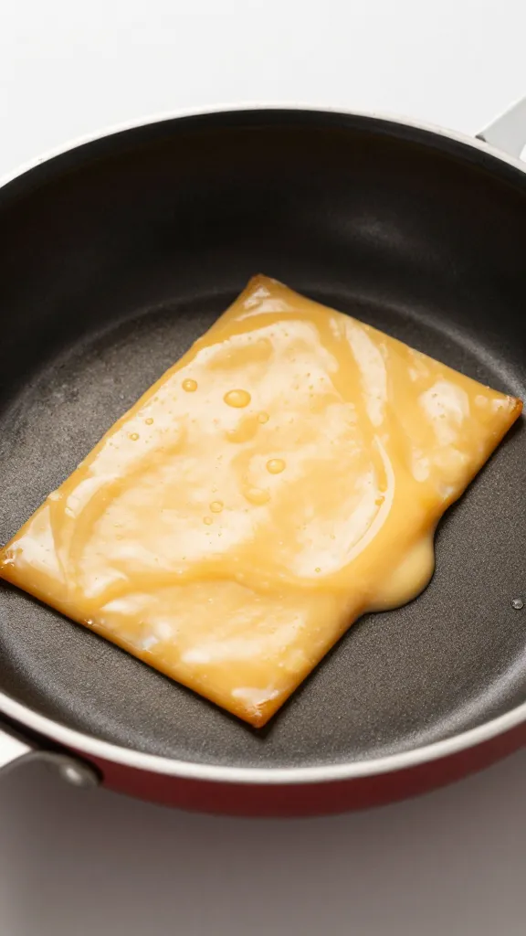 glossy slice of American cheese melting in small nonstick pan