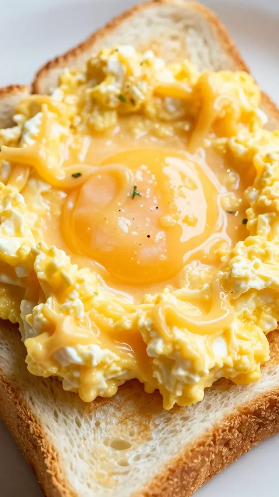 closeup soft-scrambled egg and melted cheddar on toasted white bread