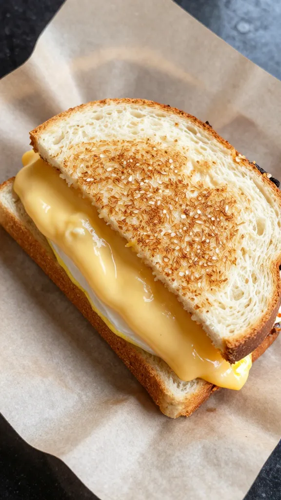 overhead diner-style egg and cheese sandwich on grease-stained deli paper