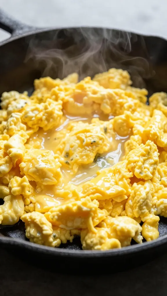 buttered cast-iron pan with softly curdled scrambled eggs, steaming
