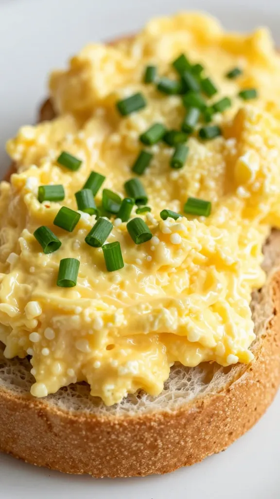 closeup soft-scrambled egg brioche sandwich with chives