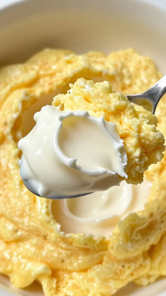 spoon folding crème fraîche into silky scrambled eggs