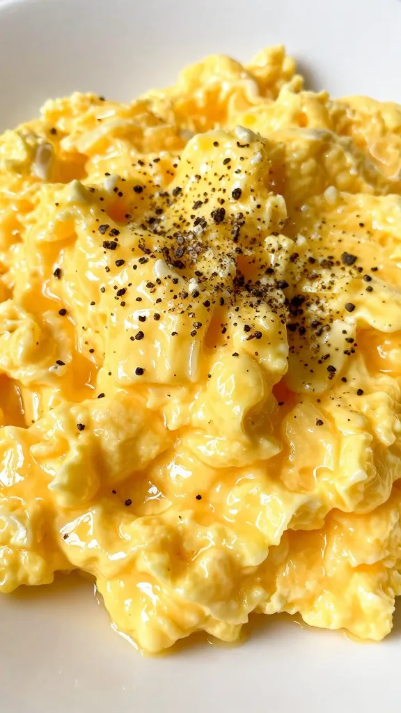 glossy scrambled eggs sprinkled with cracked black pepper
