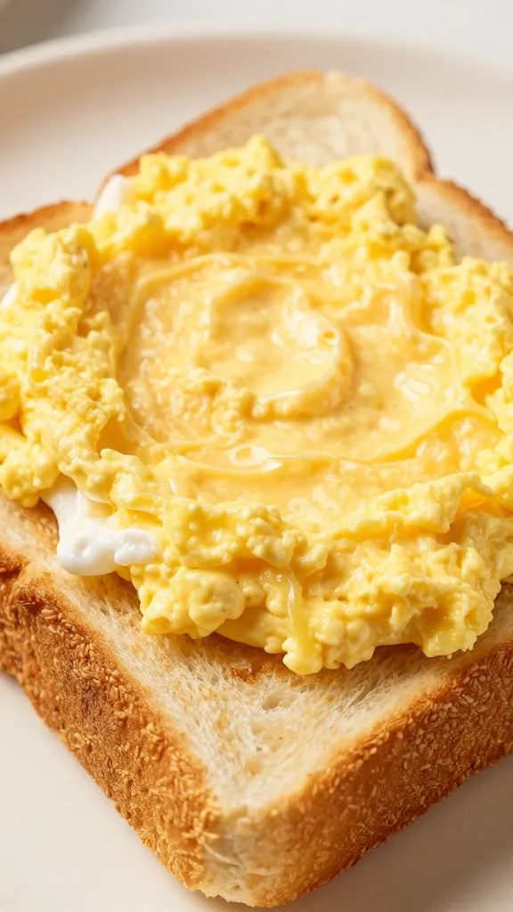 closeup soft-scrambled egg sandwich on toasted brioche