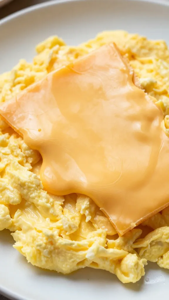 melted cheddar slice draped over soft-scrambled eggs