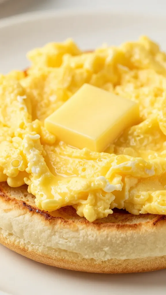 buttered english muffin with fluffy scrambled eggs closeup