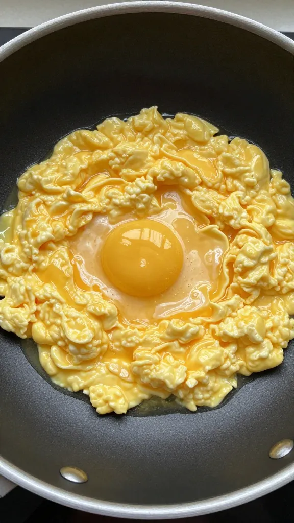 nonstick pan with custardy scrambled eggs, glossy finish