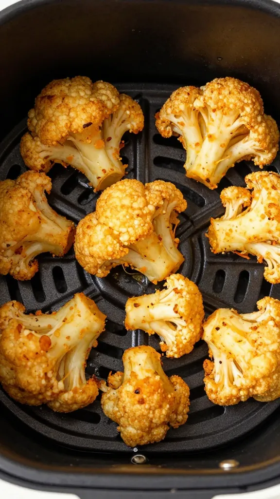 air fryer basket with golden crispy cauliflower, overhead closeup