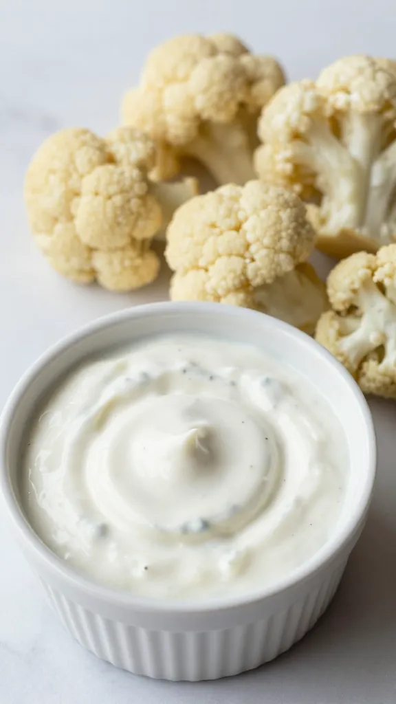 single ramekin of creamy ranch dip beside buffalo cauliflower
