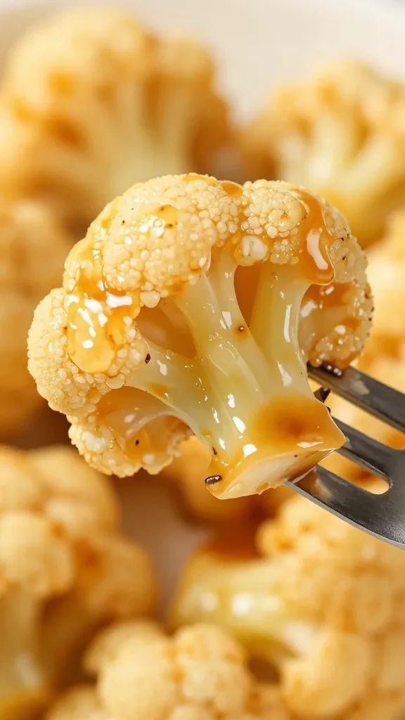 glossy buffalo sauce-coated cauliflower floret on fork, macro shot