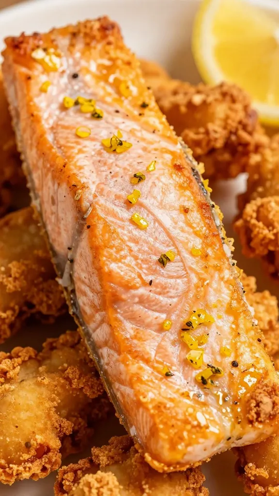 closeup of air-fried salmon fillet with lemon zest
