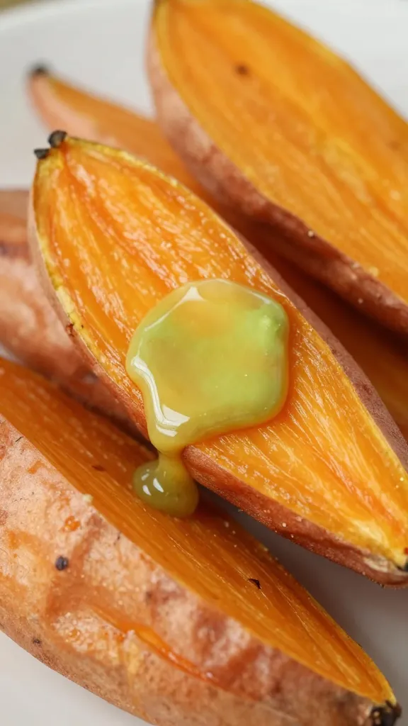 closeup of avocado oil–brushed sweet potato wedges