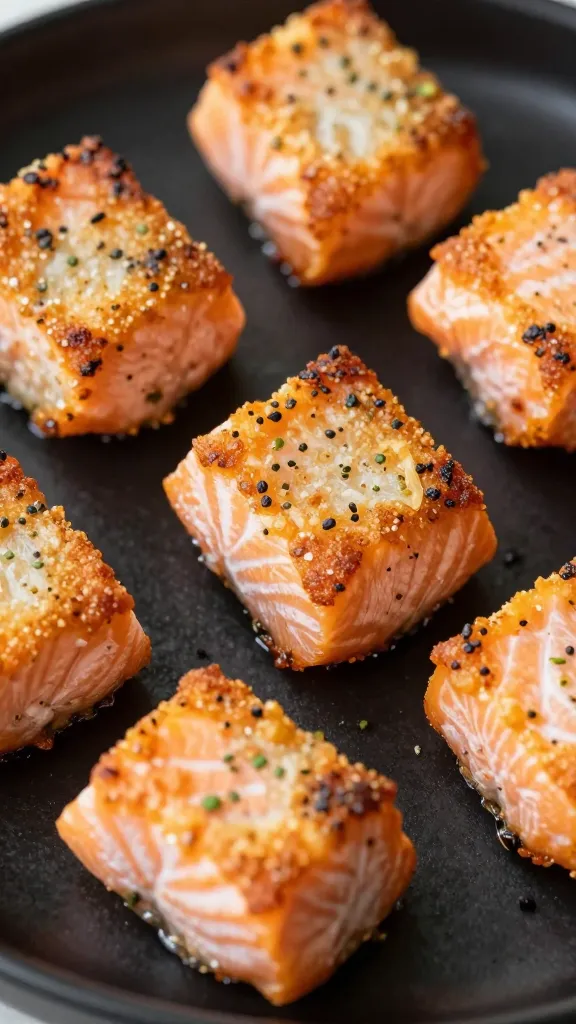 closeup of crispy soy-ginger salmon bites on black plate