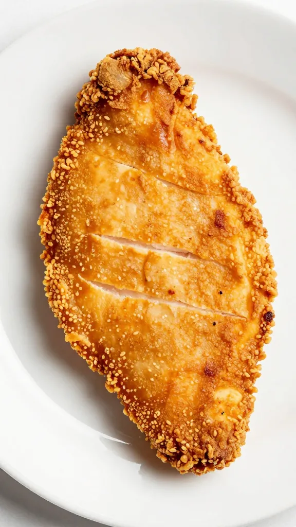 golden air-fried chicken breast, sliced, on white plate