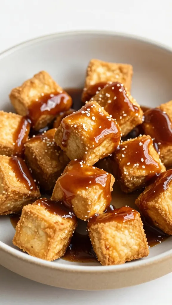 air-fried tofu cubes glazed with teriyaki, on ceramic bowl