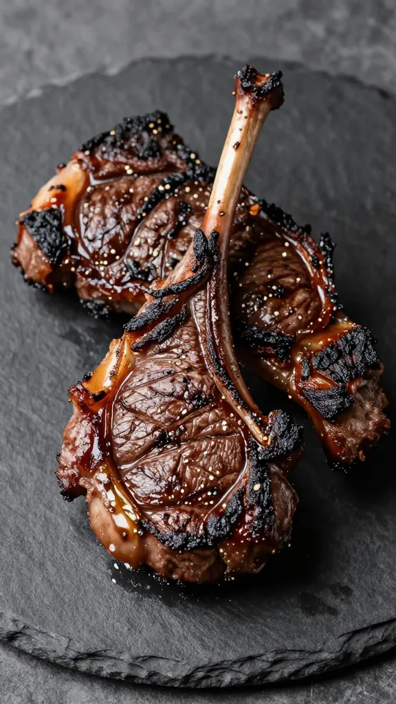 charred steak tips, juicy center, on matte slate plate