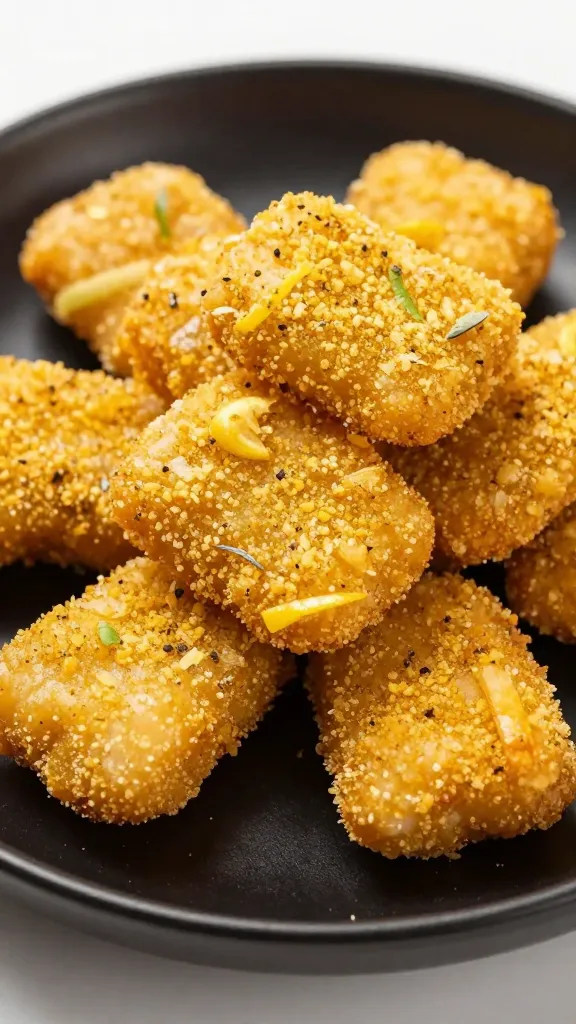 closeup of crispy lemon-pepper chicken bites on matte black plate