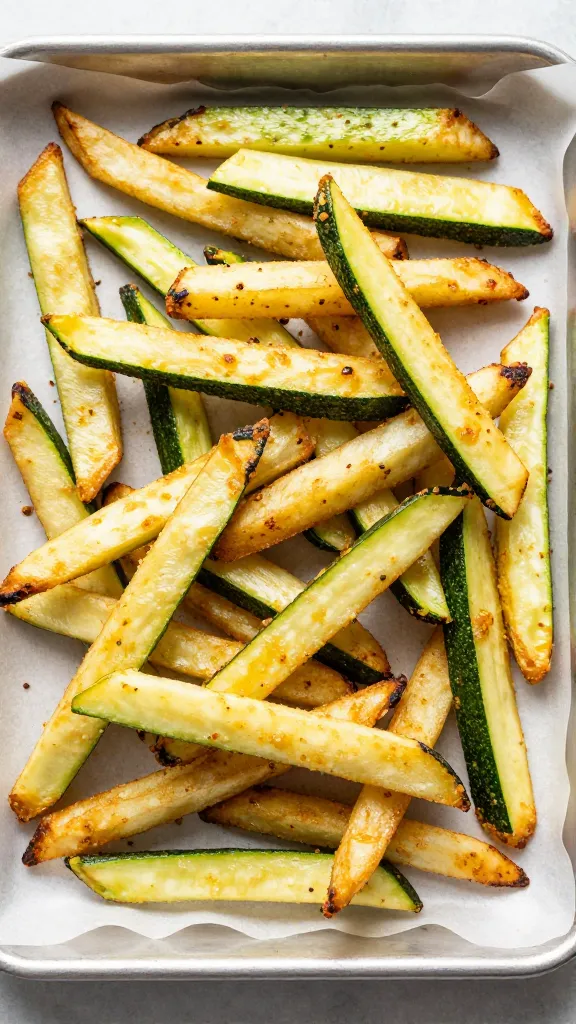 overhead shot of air-fried zucchini fries on parchment-lined tray