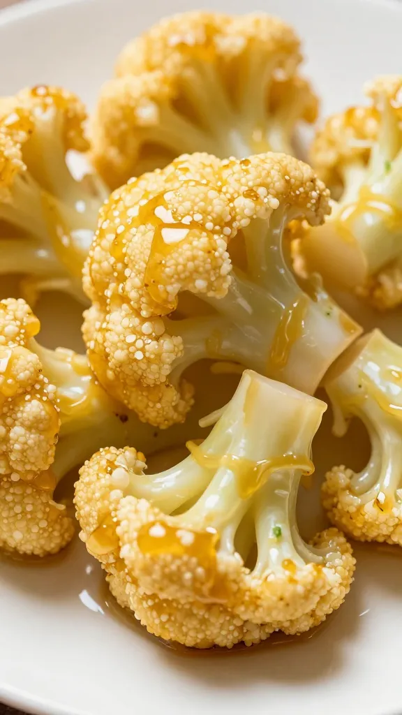 closeup of buffalo cauliflower florets glistening with sauce on plate