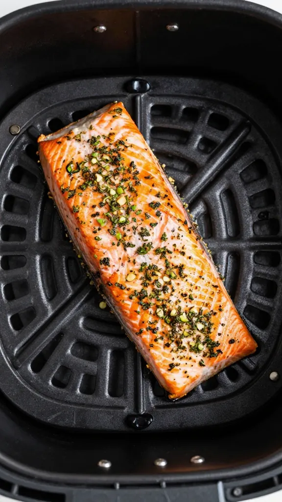 overhead of herb-crusted salmon fillet in air fryer basket