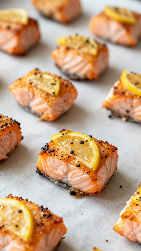 Closeup of crispy lemon-garlic salmon bites on parchment