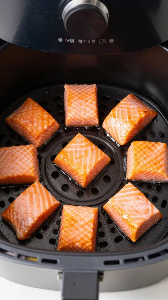 Single air fryer basket with golden salmon cubes