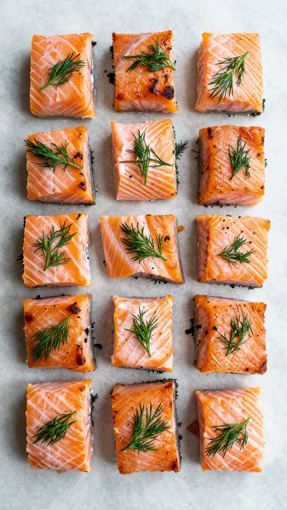 Overhead shot of plated salmon bites with fresh dill