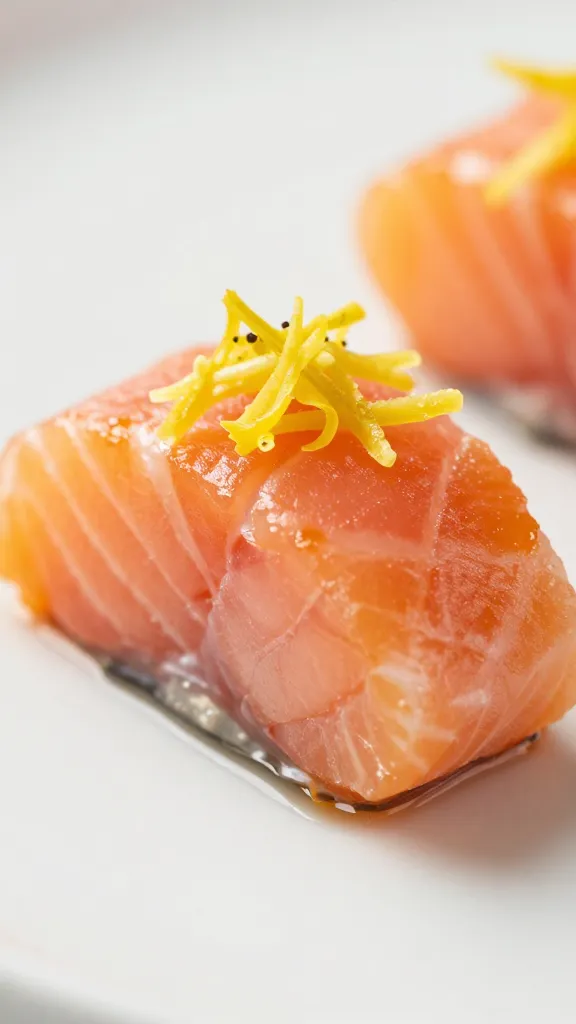 Macro of flaky salmon bite with lemon zest garnish