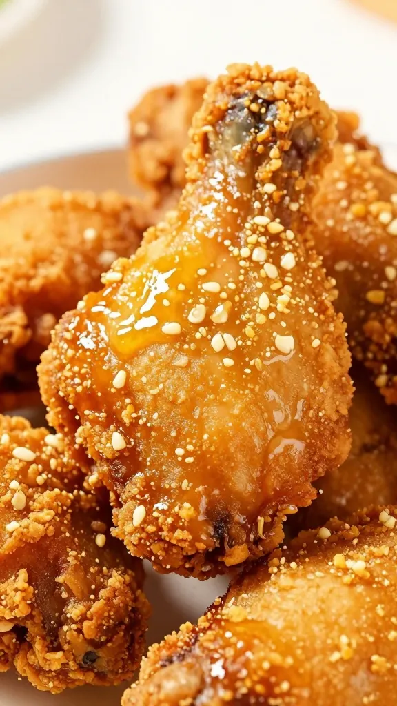 closeup of crispy air-fried chicken thigh with garlic-lemon glaze