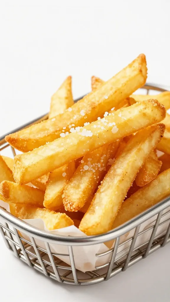 single basket of golden air-fried fries, sea salt visible
