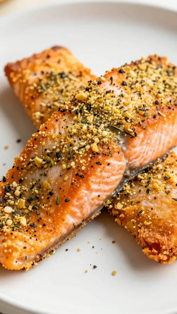 closeup air-fried salmon fillet with herb crust on plate