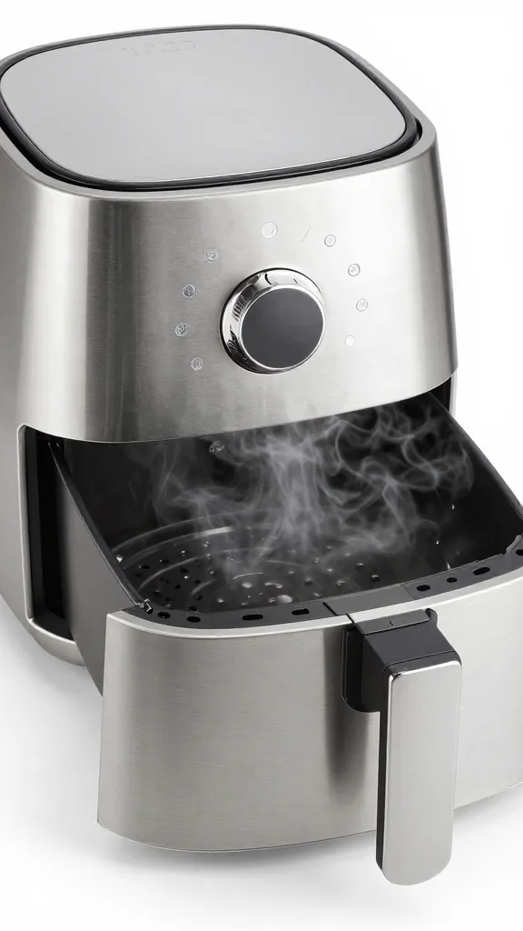 single air fryer drawer slightly open, steaming, stainless steel finish