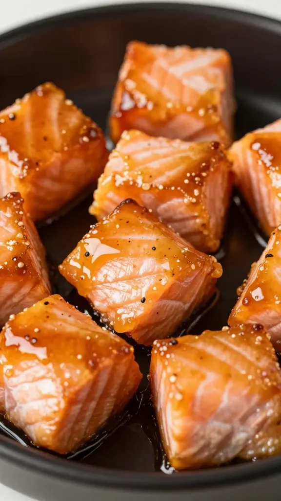 closeup of honey-soy glazed salmon bites in black bowl