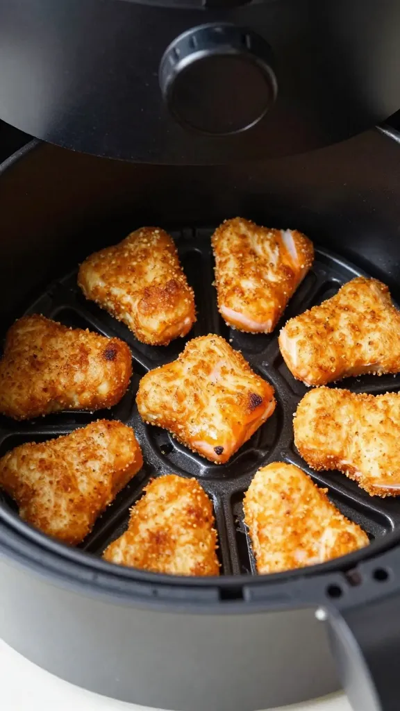 single air fryer basket with crispy salmon nuggets