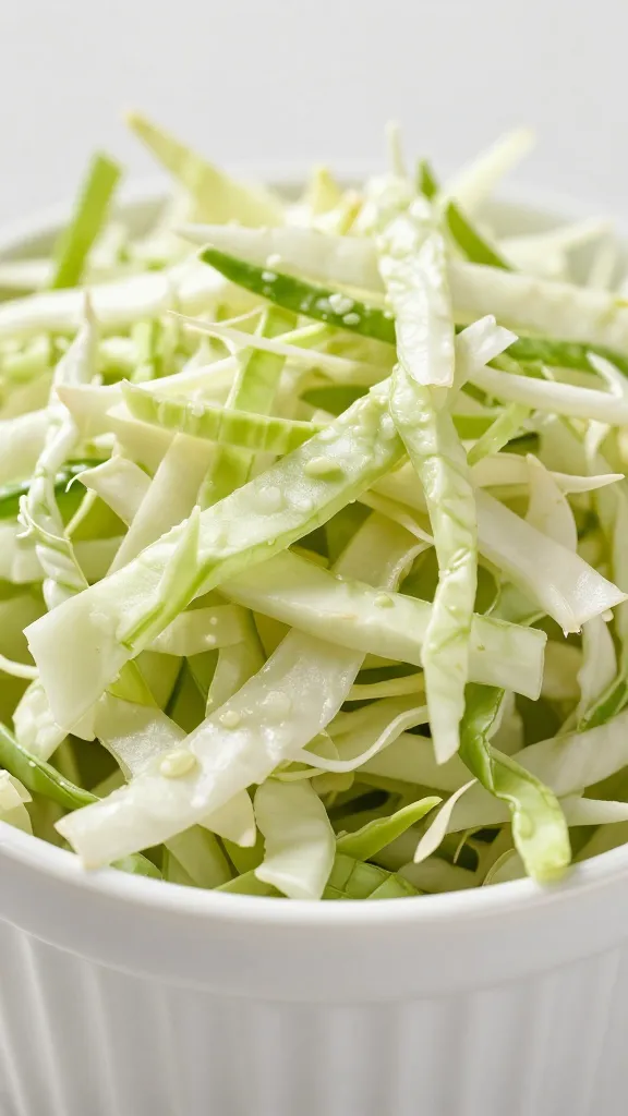 closeup of bagged coleslaw piled in white ramekin