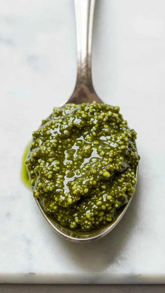 spoonful of glossy store-bought pesto on marble slab