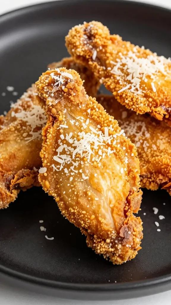closeup of crispy parmesan chicken tender on matte black plate
