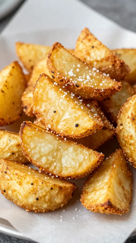 golden air-fried potato wedge on parchment, sea salt crystals