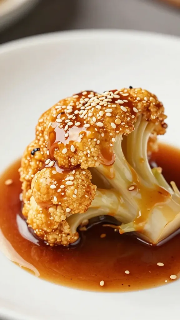 single buffalo cauliflower floret, glossy sauce, sesame garnish