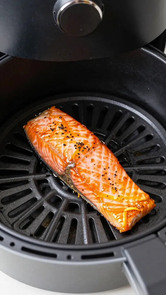 air fryer basket with one glazed salmon fillet, citrus zest
