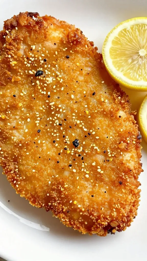 closeup of crispy lemon-garlic chicken cutlet on white plate