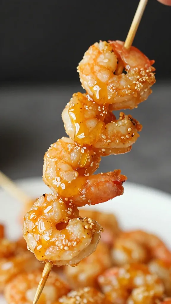 air-fried shrimp skewer glazed with hot honey, macro shot