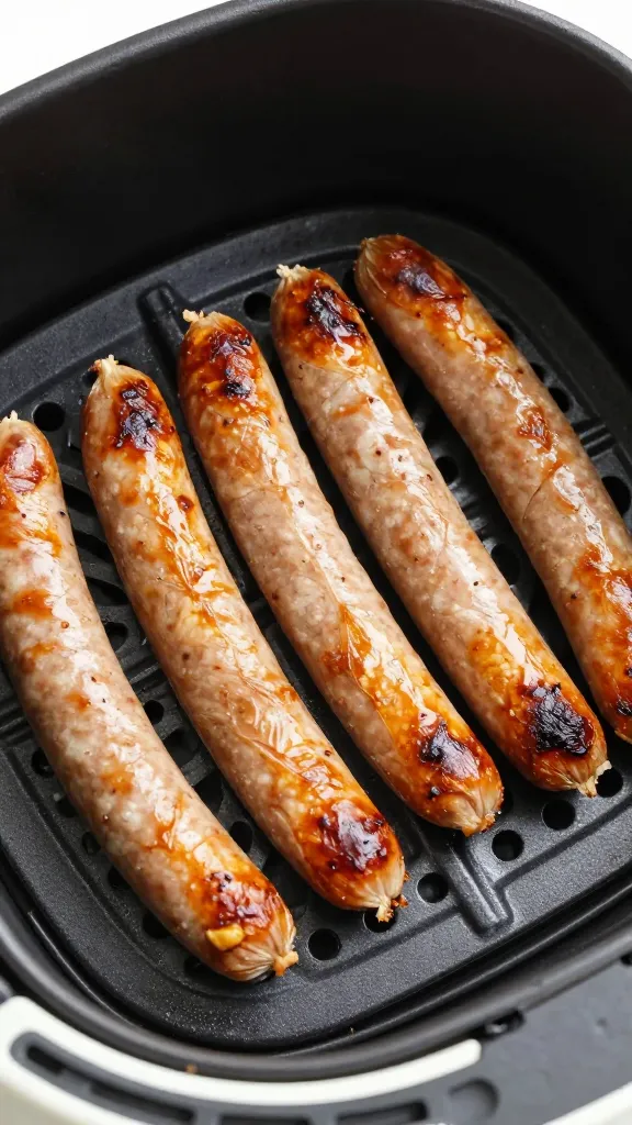 thin Italian sausage link in air fryer basket, golden blistered