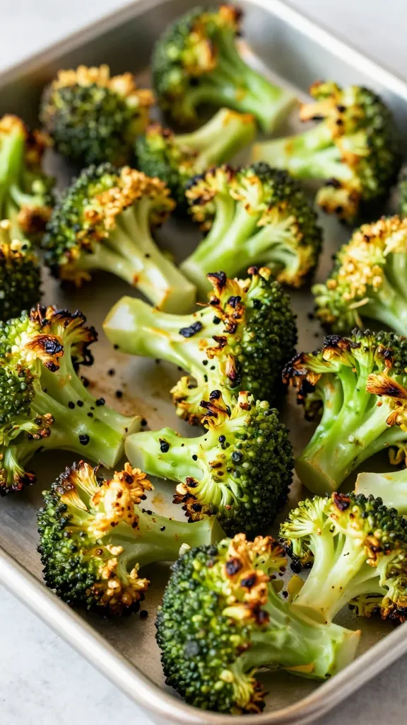 roasted pre-cut broccoli florets, charred edges on sheet pan