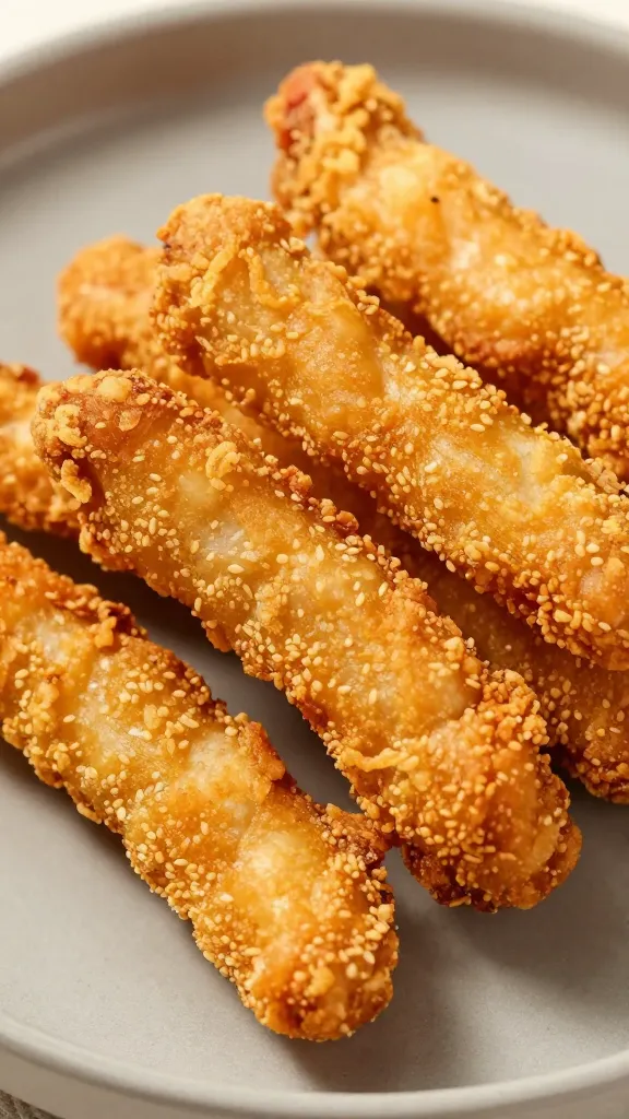 closeup of crispy air fryer chicken tenders on matte plate
