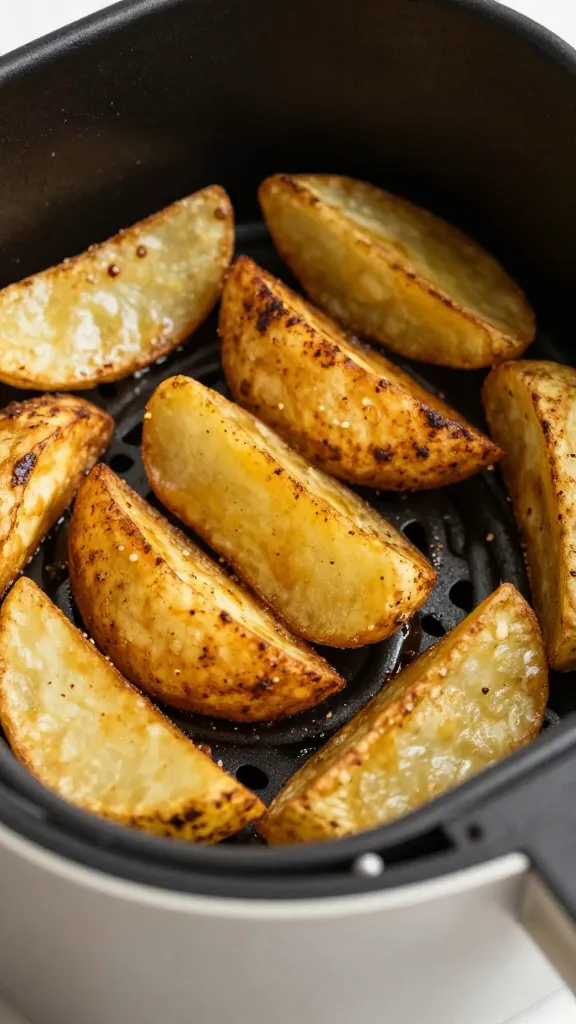 closeup of seasoned air fryer potato wedges in black basket